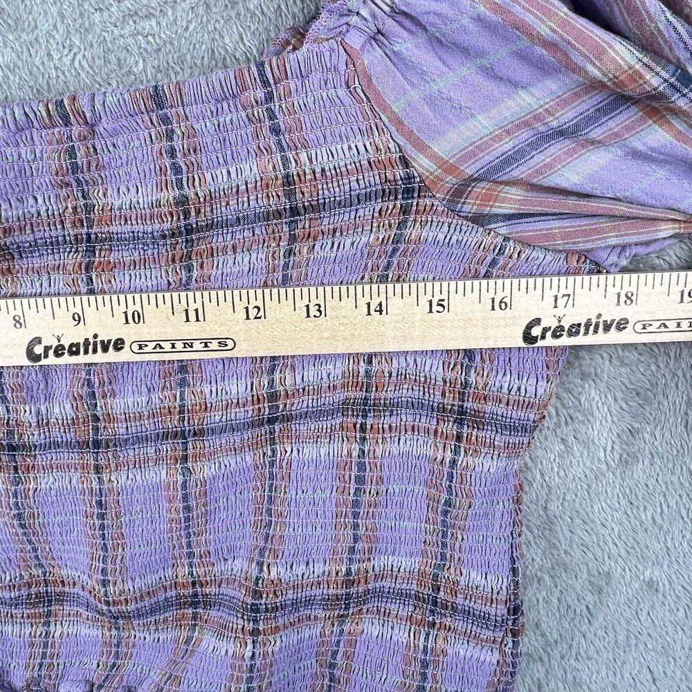 Free People‎ Cherry Bomb Top Womens XL Purple Plaid Balloon Sleeves Ruched Boho - Picture 7 of 11